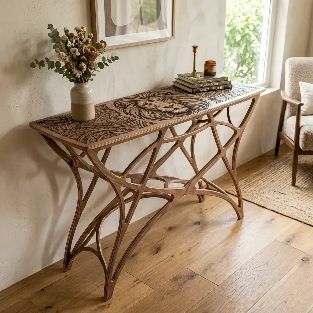 Wooden Console Table Lion Wildlife Home Decor