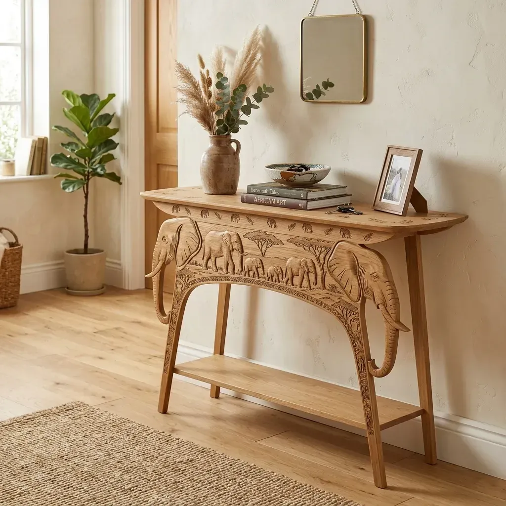 Wooden Console Table Elephant Wildlife Home Decor