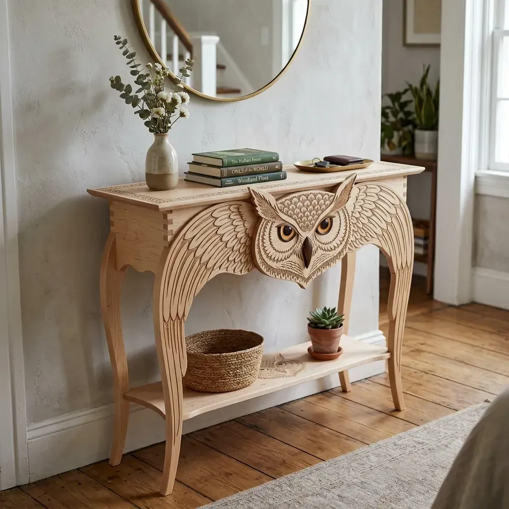 Wooden Console Table Owl Wildlife Home Decor