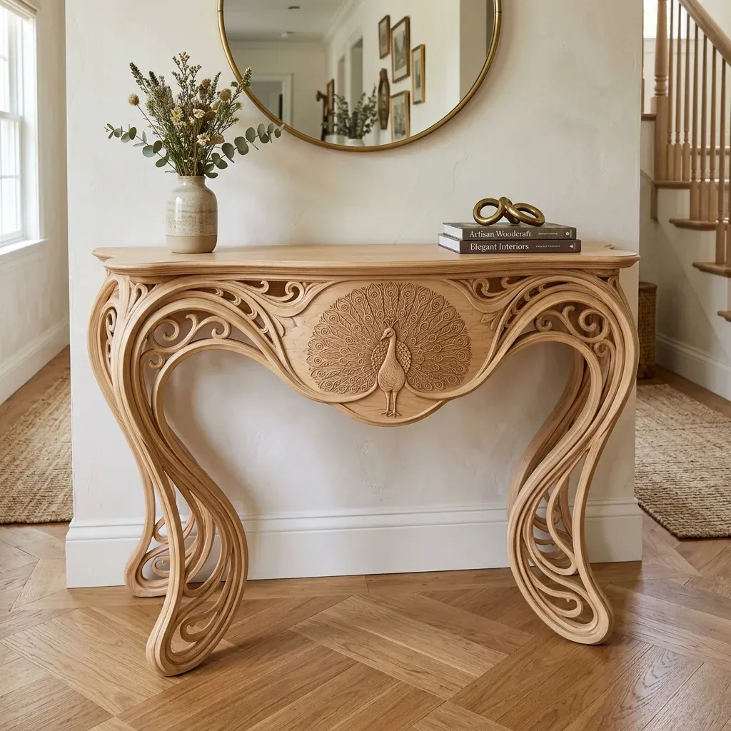 Wooden Console Table Peacock Wildlife Home Decor